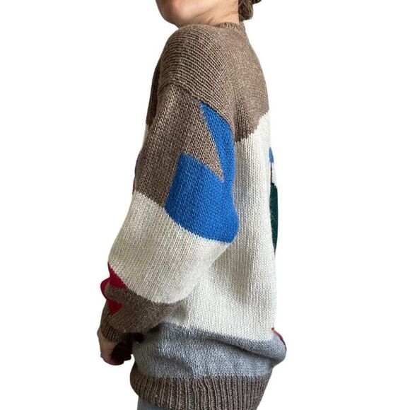 Vintage Hand Knit Peruviuan Alpaca Crewneck Oversized Rainbow Boho Sweater Sz XL - Picture 7 of 7